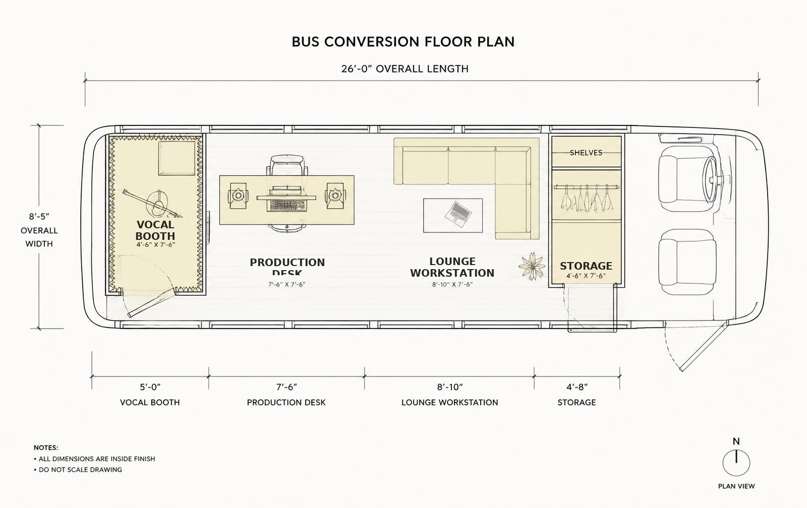 Blueprint floor plan of the bus conversion: vocal booth, production desk, lounge workstation, storage and driver cab across a 26 foot cabin