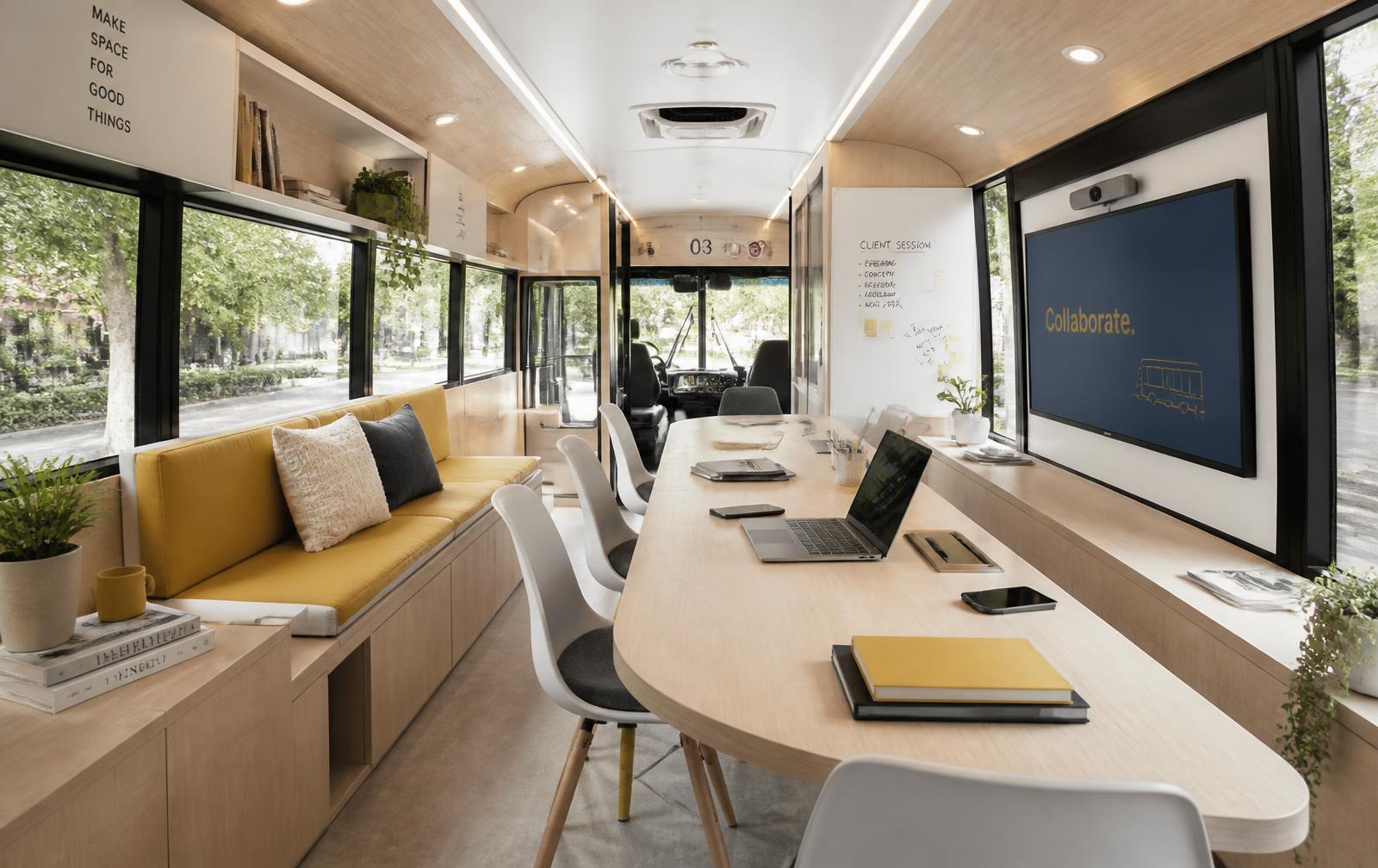 Rendering of the collaborative classroom workstation inside the bus